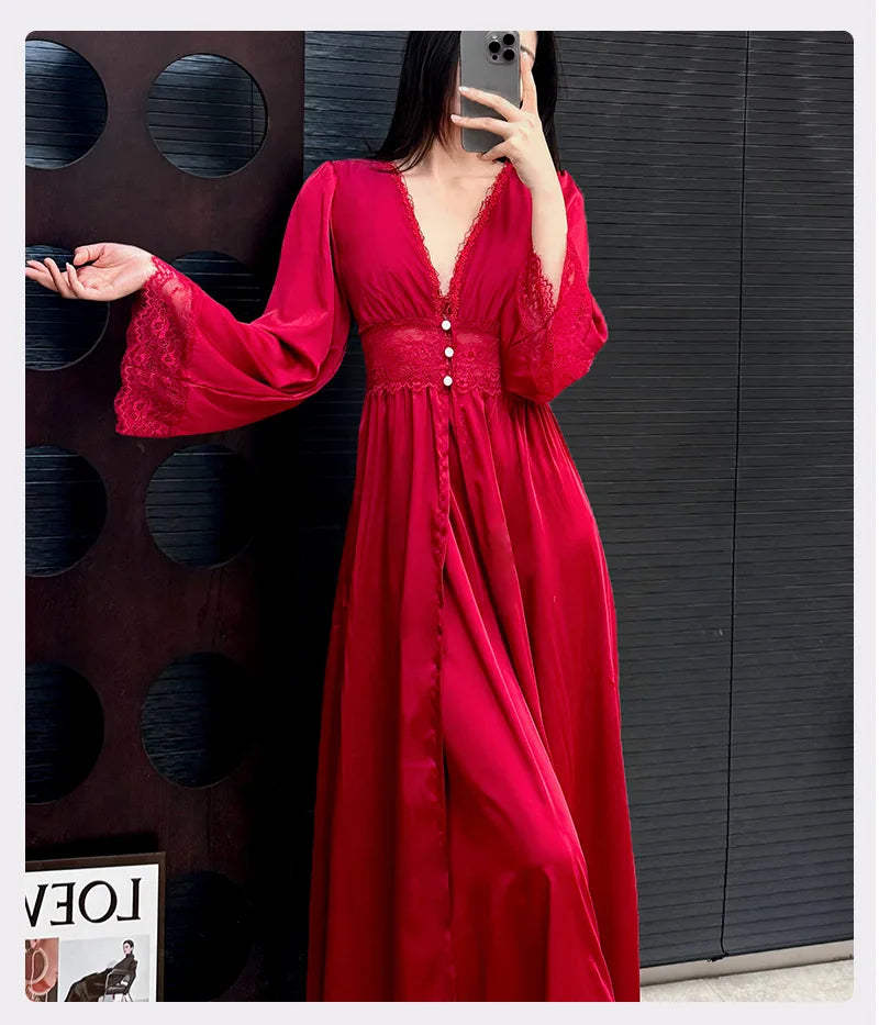 Burgundy Satin Long 2PCS Robe Nightgown Set Spring Summer Women Sleepwear Bathrobe Sexy Lace Nightgown Loose Homewear Loungewear