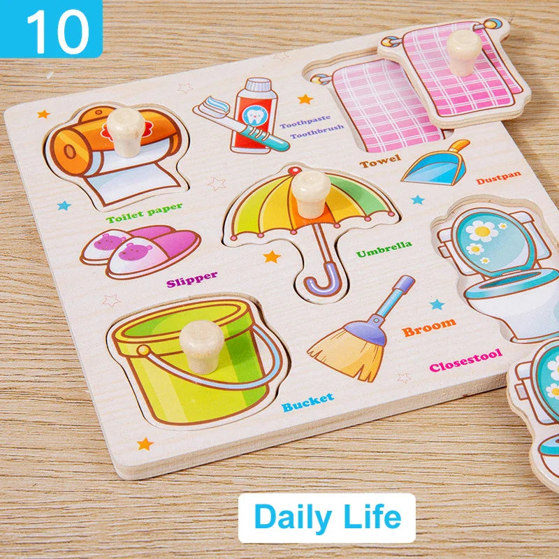 Wooden Puzzle Montessori Toys for Kids Cartoon Animal Traffic Hand Grab Boards Early Learning Educational Toys for Children