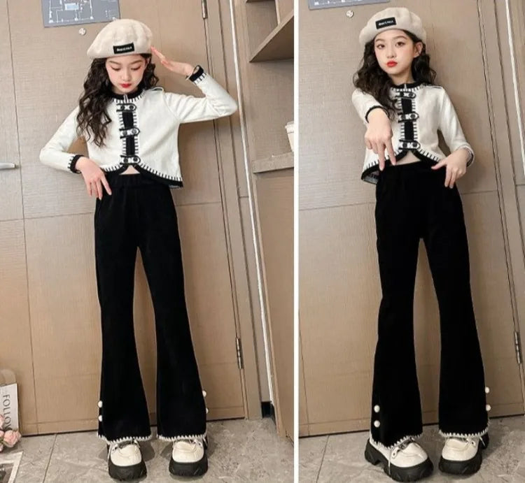 Girl's Autumn Winter New Mid-Weight Flared Jeans with Integrated Fleece-Lining, Stylish Casual Pants for Tween Girls