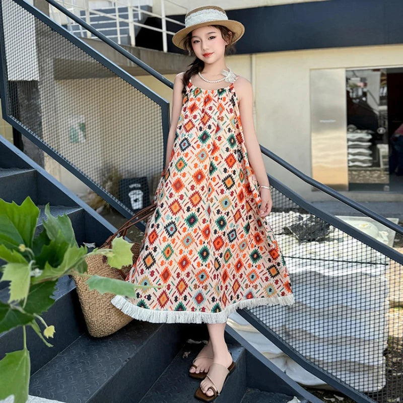 Girls' Summer Dress 2025 New Design for Children, Girls' Beach Bohemian Princess Dress for Older Kids.