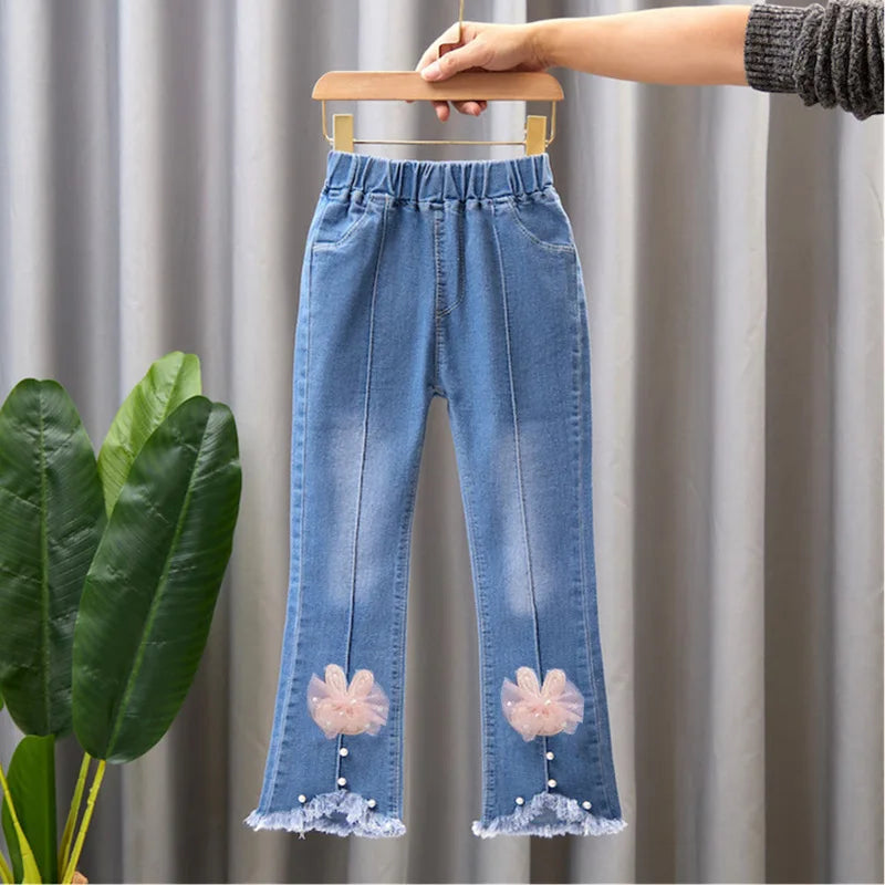 Girls Blue Jeans for Children's Fashion Clothing Princess Kids Denim Wide-leg Pants Baby Teens Girl Flared Bow Applique Trousers