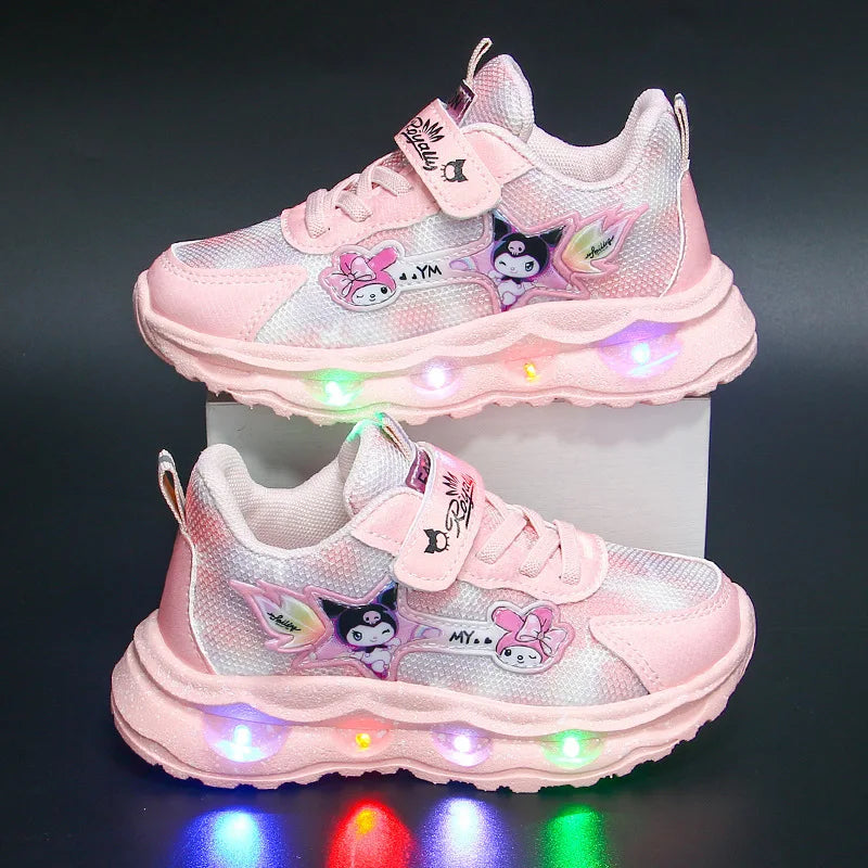 Kulomie girls' shoes with lights 2025 autumn new mesh breathable sports shoes leather waterproof soft-soled running shoes