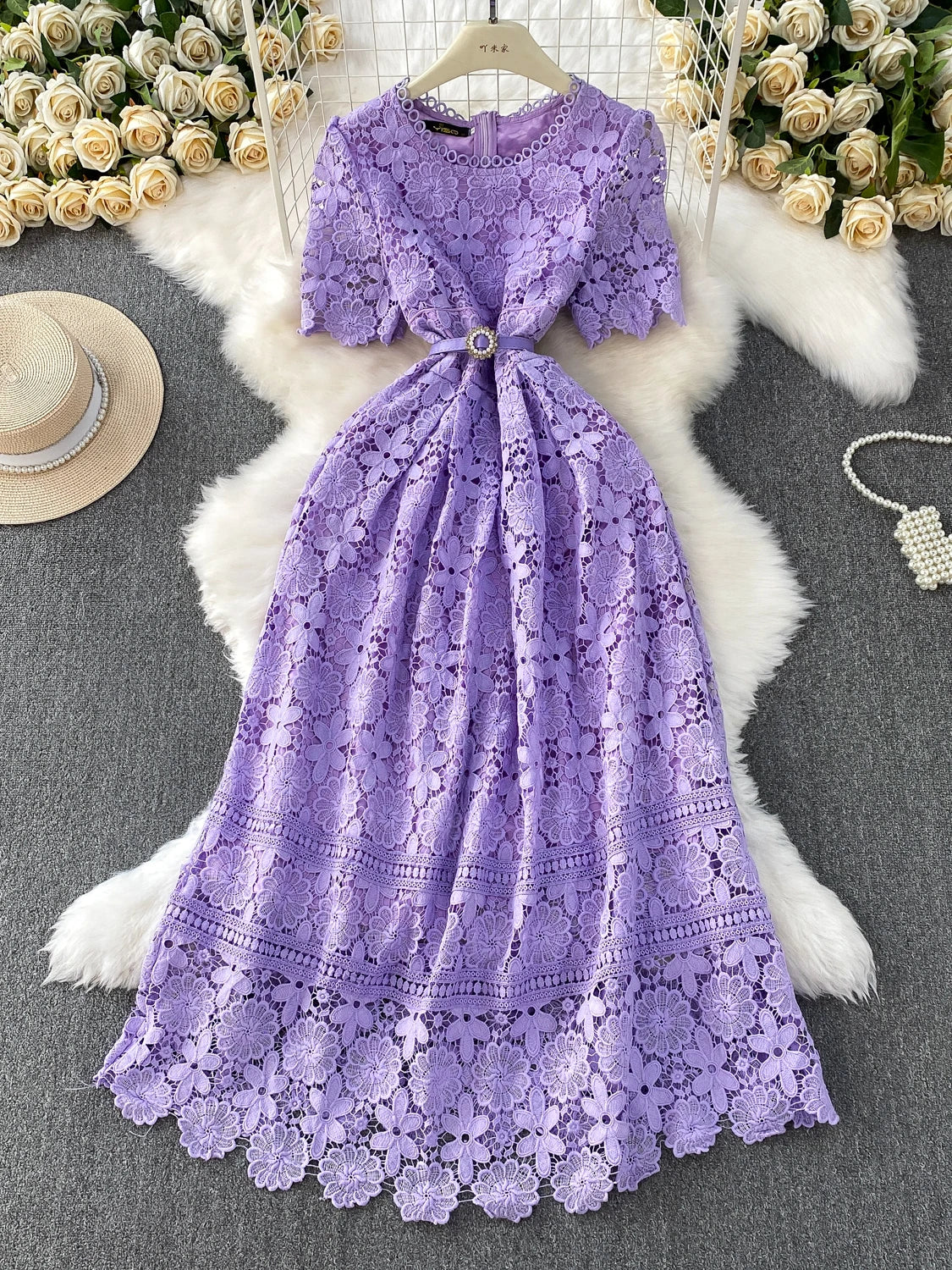 Brand Design Summer Embroidery Lace Long Dress Women Hollow Out Short Sleeve Midi Dresses Lady Belt Prom Evening Party Vestidos