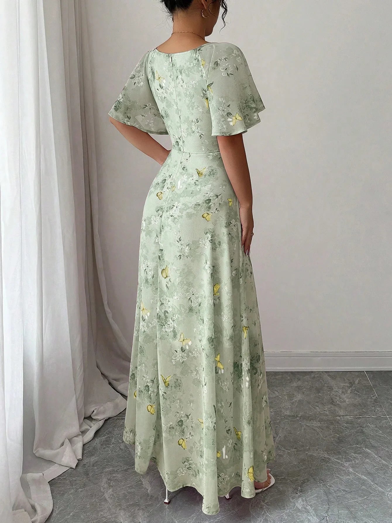 Fashionable Long Floral Print Dress Women's New Summer Slimming Age-Defying Dress Empire Waist Bubble Sleeve Knee-Length