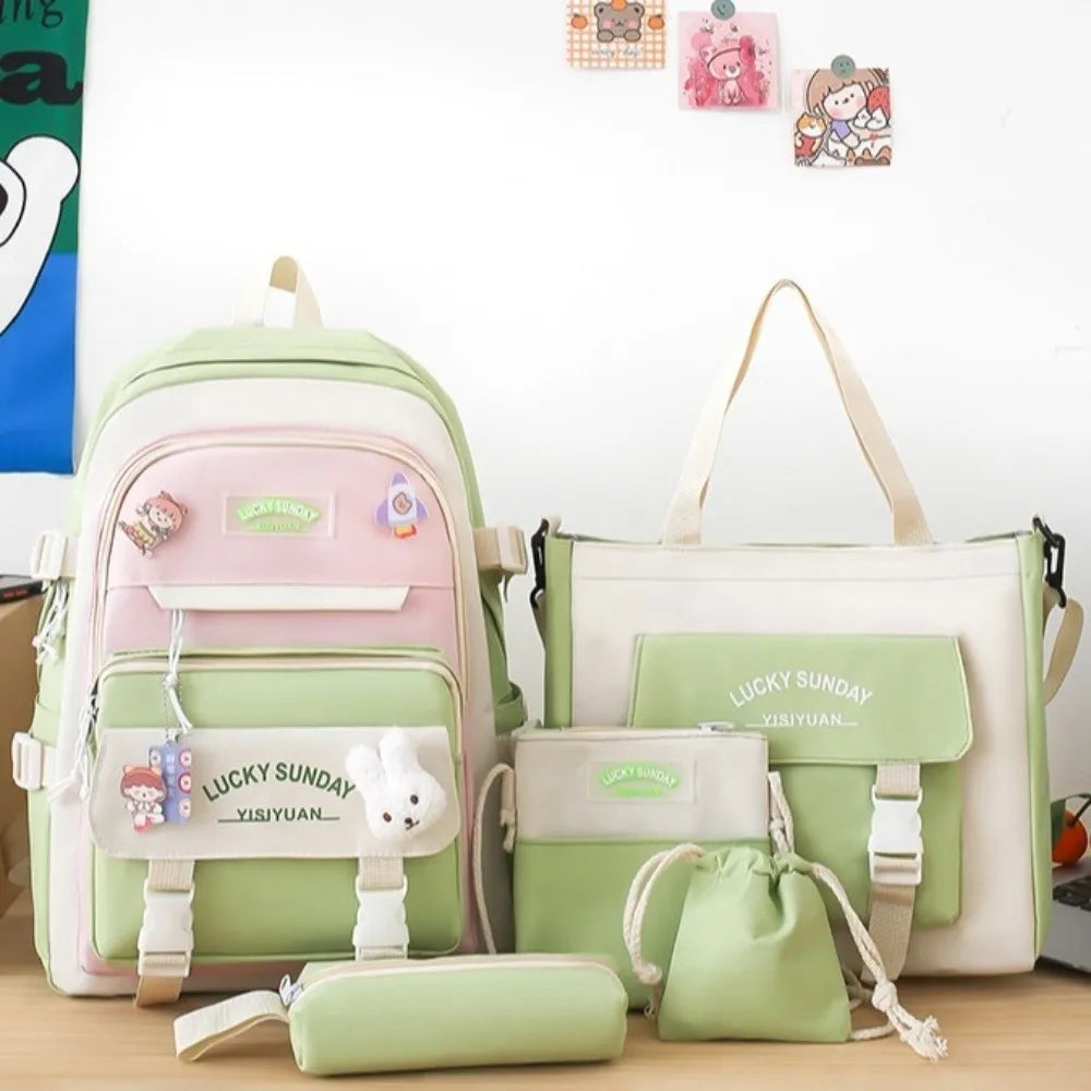 5 Pcs Cute Large Capacity Backpack Set Multifunctional Breathable Student Schoolbag Buckle Coin Purse School