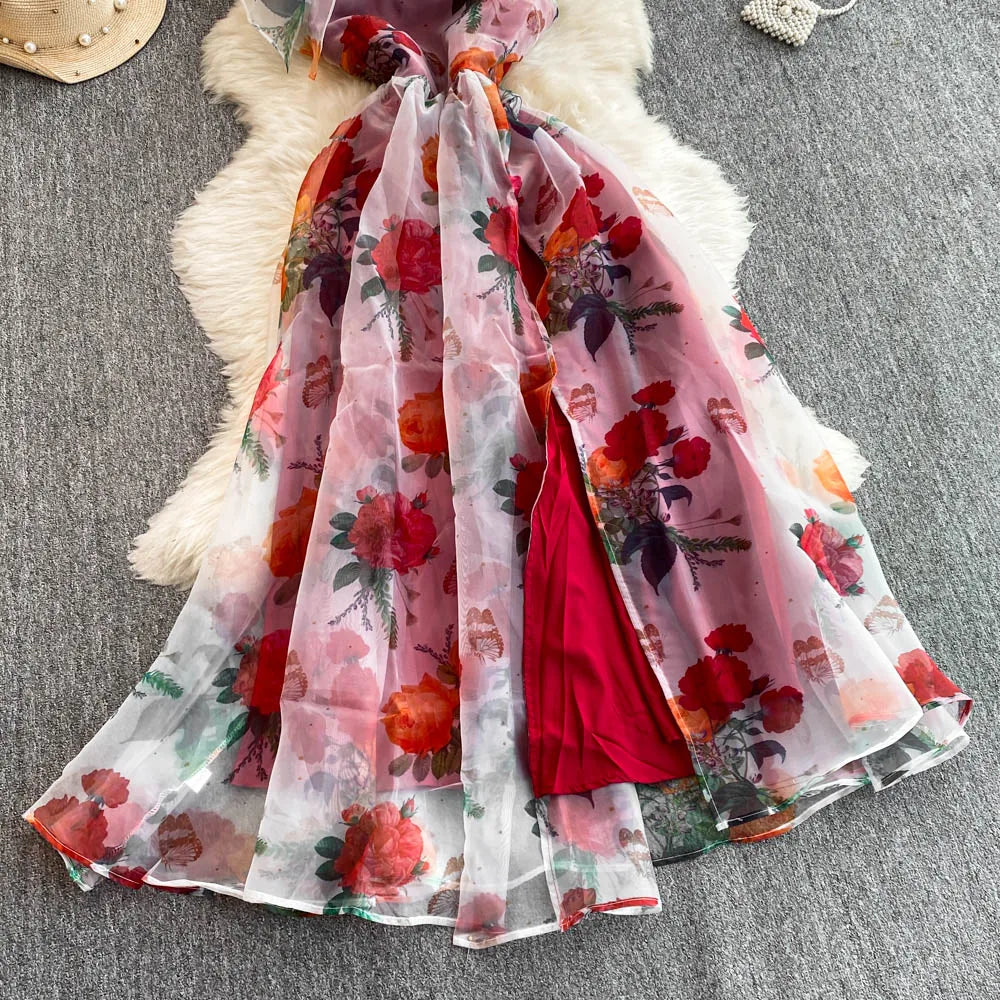 American Chic Maxi Dress for Women Floral Printed Skew Collar Sleeveless Female Dresses A-line Evening Club Vestidos Dropship