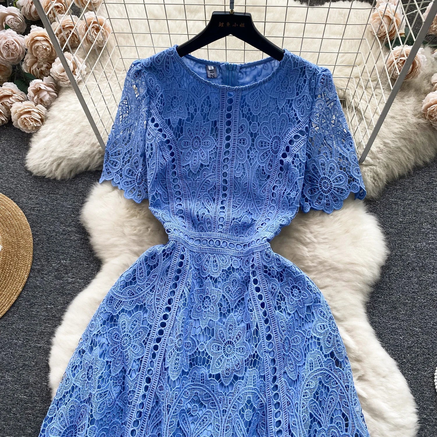 Embroidery Crochet Hollow Out Lace Dress For Women Summer Fashion Runway Short Sleeve Slim Waist Casual Party Midi Vestidos 6931