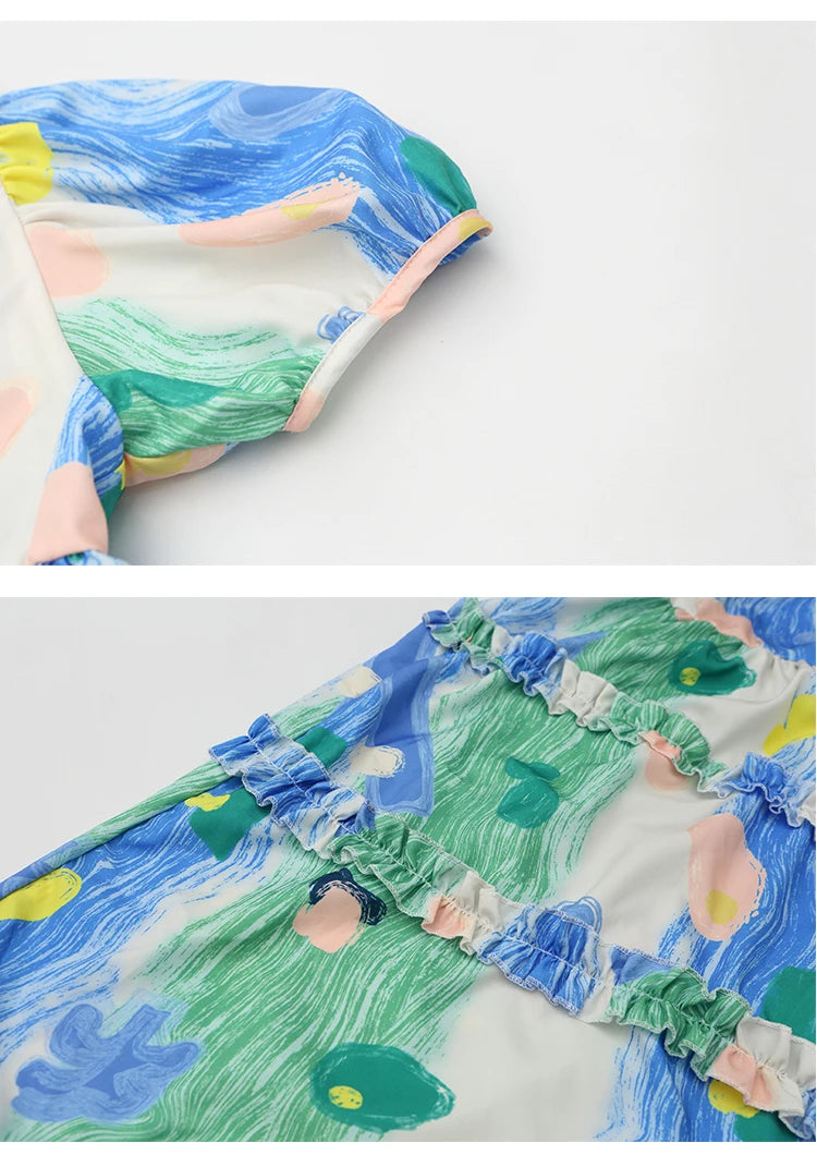 Summer Dress Girl Korean Style Sweet Floral Print Casual Kids Ruched Dresses Toddler Girls Clothes 4 5 6 7 8 9 10 12 14 Year Old