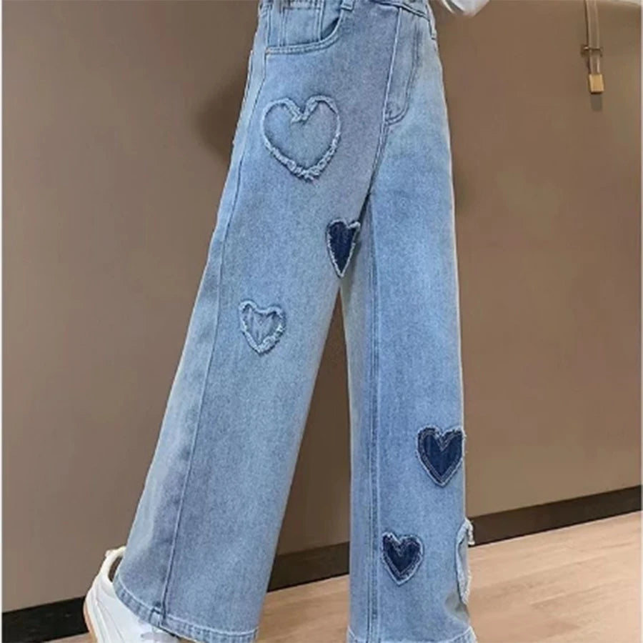Girls' Heart Patch Jeans Spring 2025 New Stylish Children's Korean Fashion Long Pants for Girls Spring and Autumn Outerwear Pants