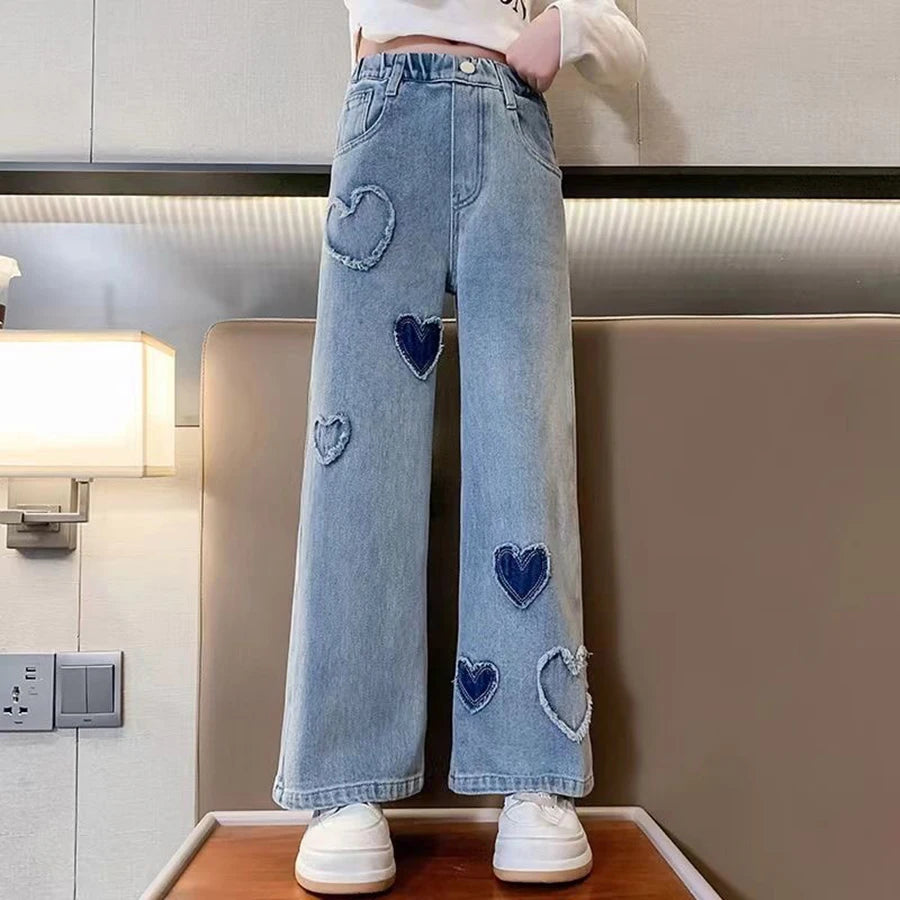 Girls' Heart Patch Jeans Spring 2025 New Stylish Children's Korean Fashion Long Pants for Girls Spring and Autumn Outerwear Pants