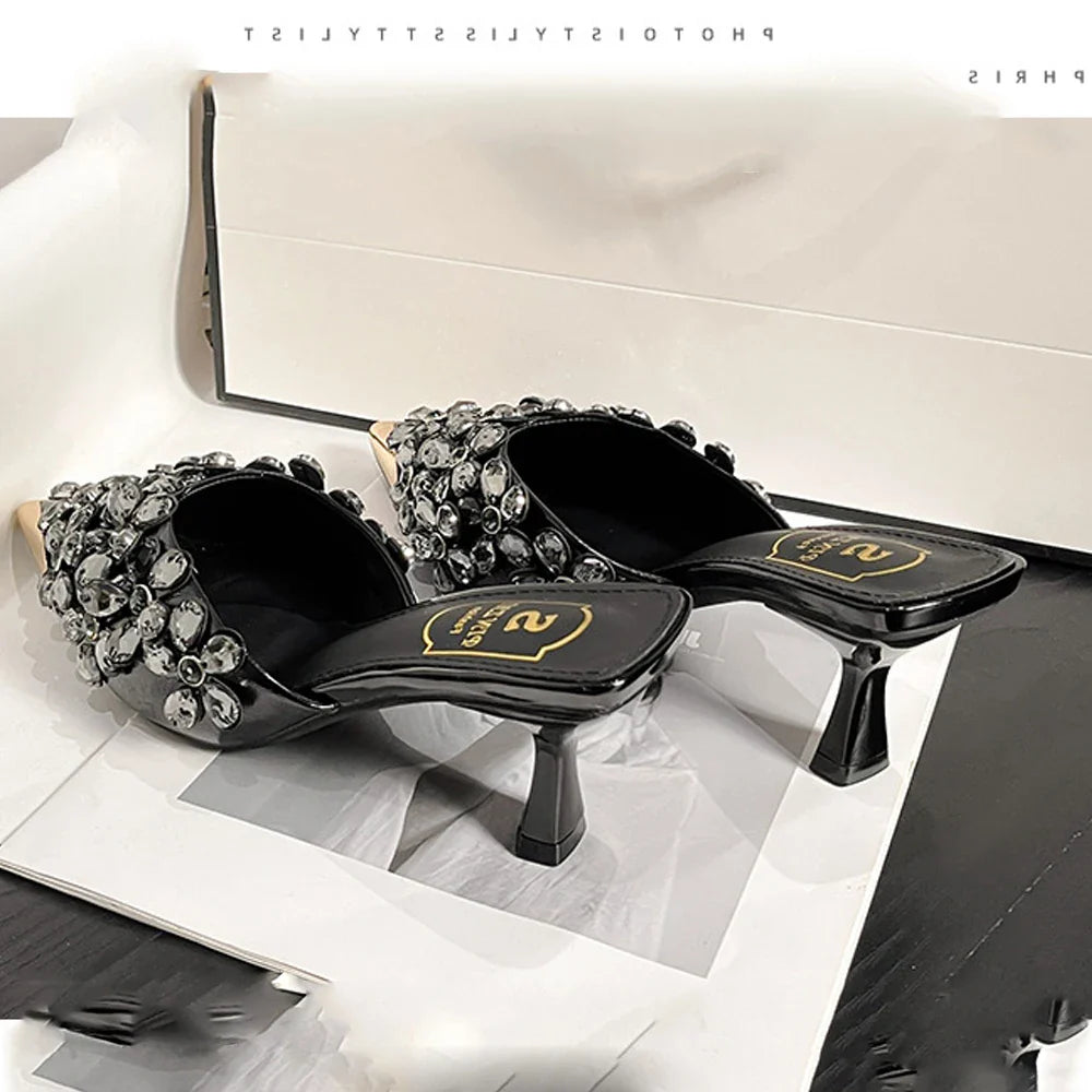 Summer Women High Heel Shoes Plus Size Fashion Rhinestone Women Slippers Point Toe Heel Half Slippers Designer Sexy Party Shoes
