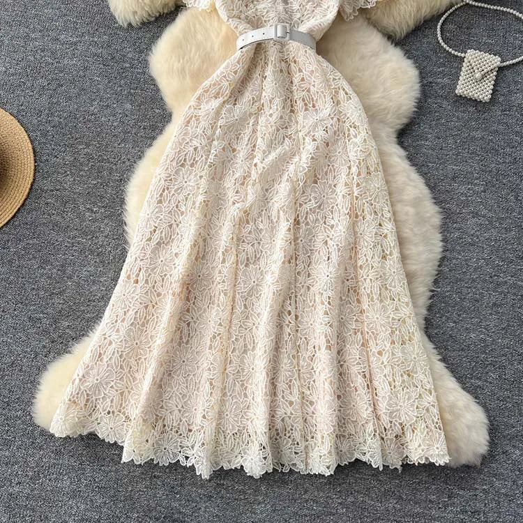 Luxury Pink Lace Midi dress with belt Women's 2025 Summer Elegant V-neck Rhinestone buttons Dresses Party clothing INKEO 4D094