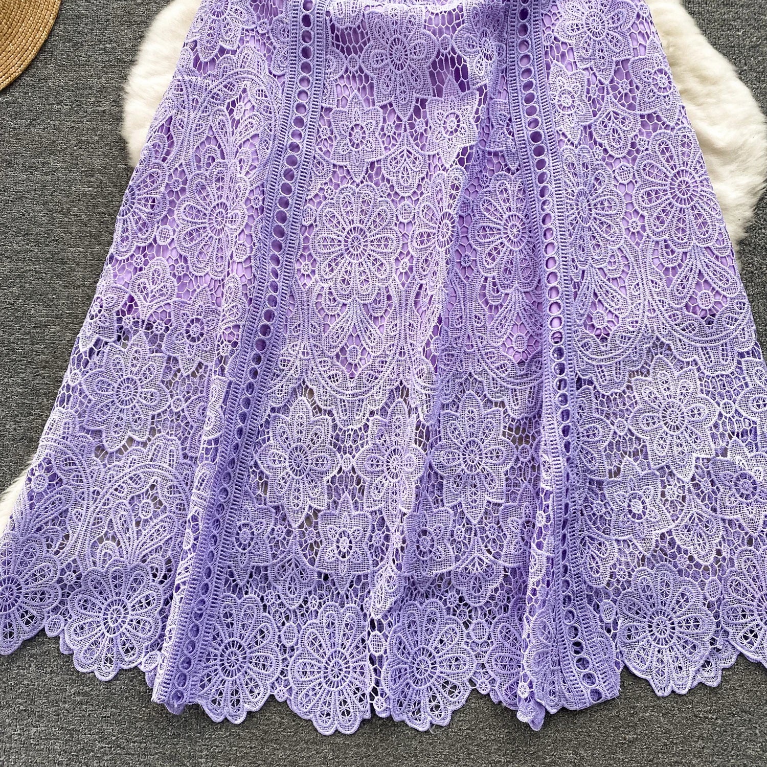 Embroidery Crochet Hollow Out Lace Dress For Women Summer Fashion Runway Short Sleeve Slim Waist Casual Party Midi Vestidos 6931