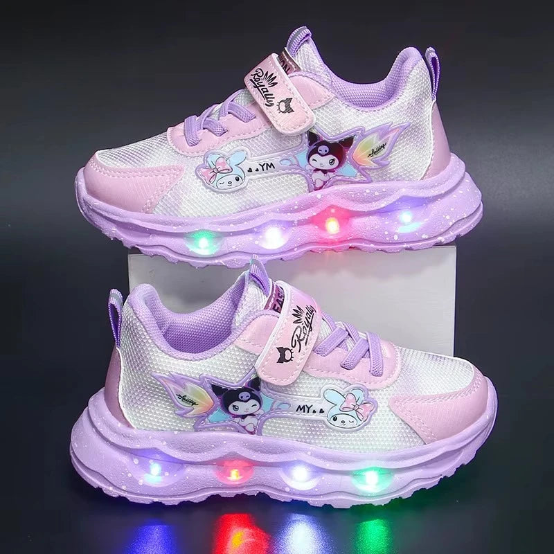Kulomie girls' shoes with lights 2025 autumn new mesh breathable sports shoes leather waterproof soft-soled running shoes