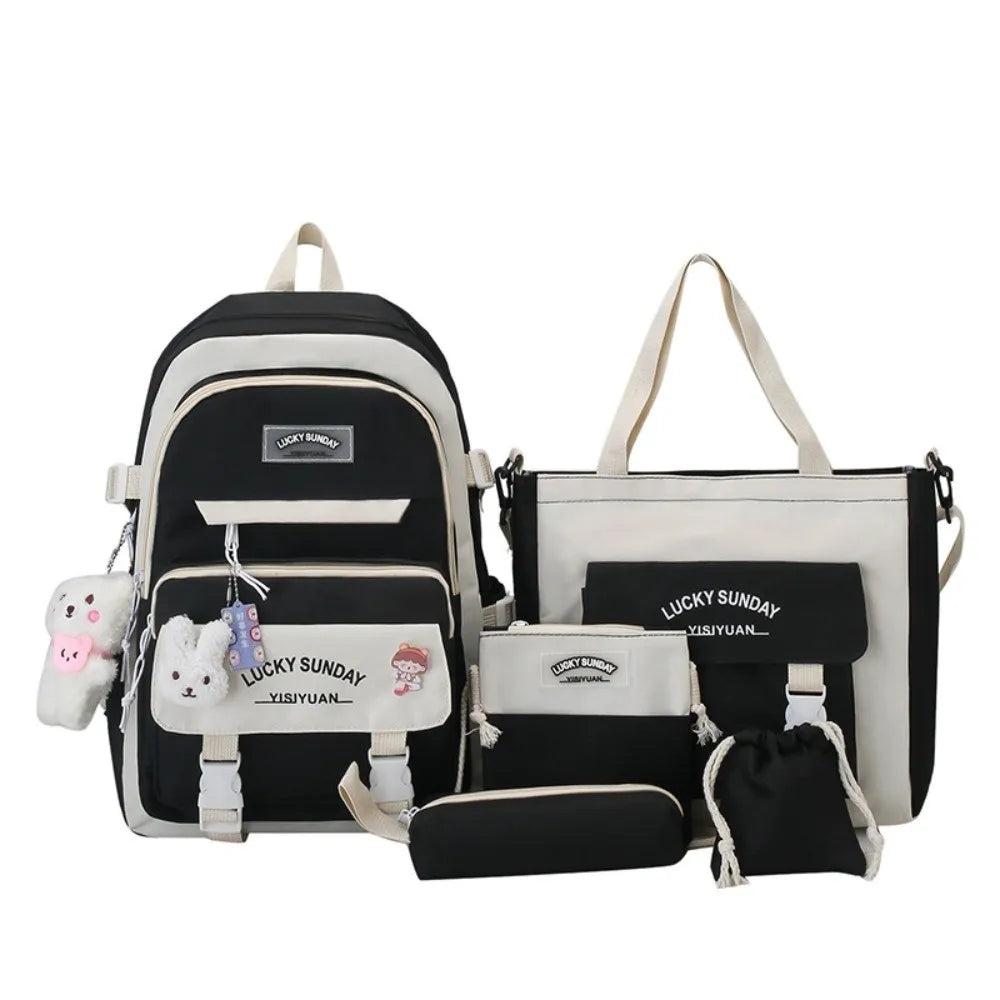 5 Pcs Cute Large Capacity Backpack Set Multifunctional Breathable Student Schoolbag Buckle Coin Purse School