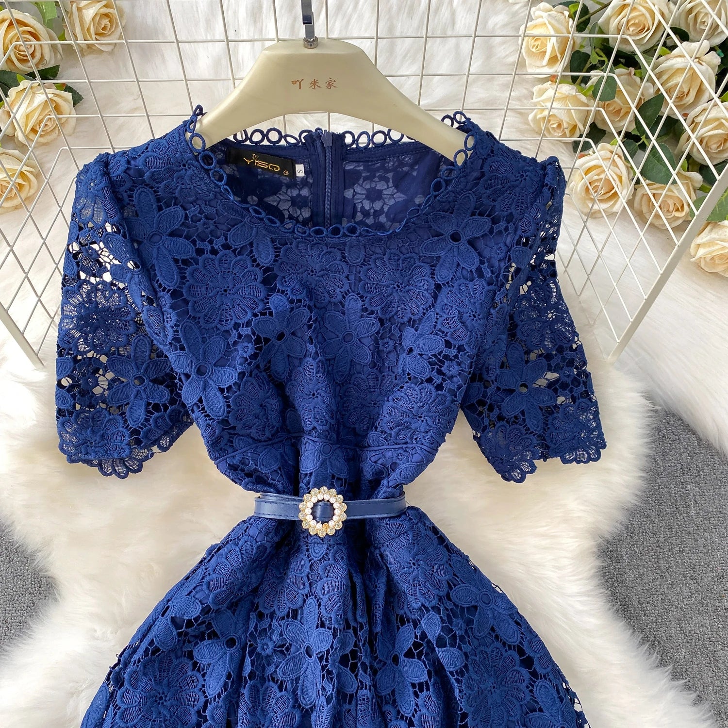 Brand Design Summer Embroidery Lace Long Dress Women Hollow Out Short Sleeve Midi Dresses Lady Belt Prom Evening Party Vestidos