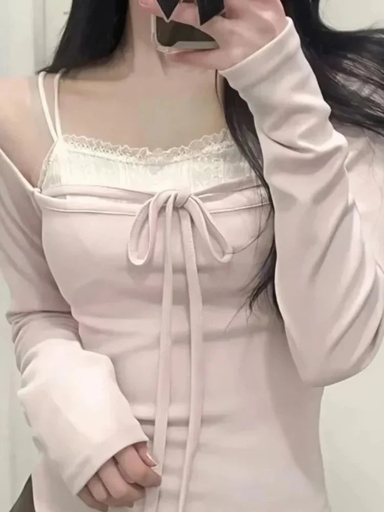 Hot sweet Slash Neck Lace Up Long Sleeve T-shirt Women Autumn New Solid Slim Fit Basic Crop Top Sexy Y2k Aesthetic Tees