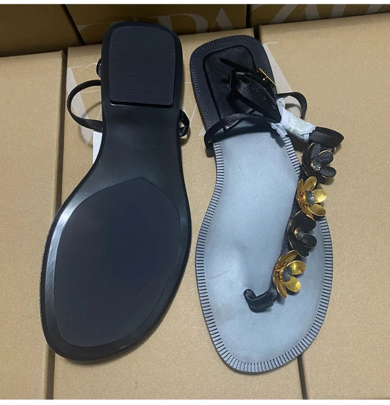 Luxury Crystal Flowers Decor Women Flats Sandals Sexy Ankle Strap Summer Beach Slides Fashion Streetwear Modern Sandals Shoes