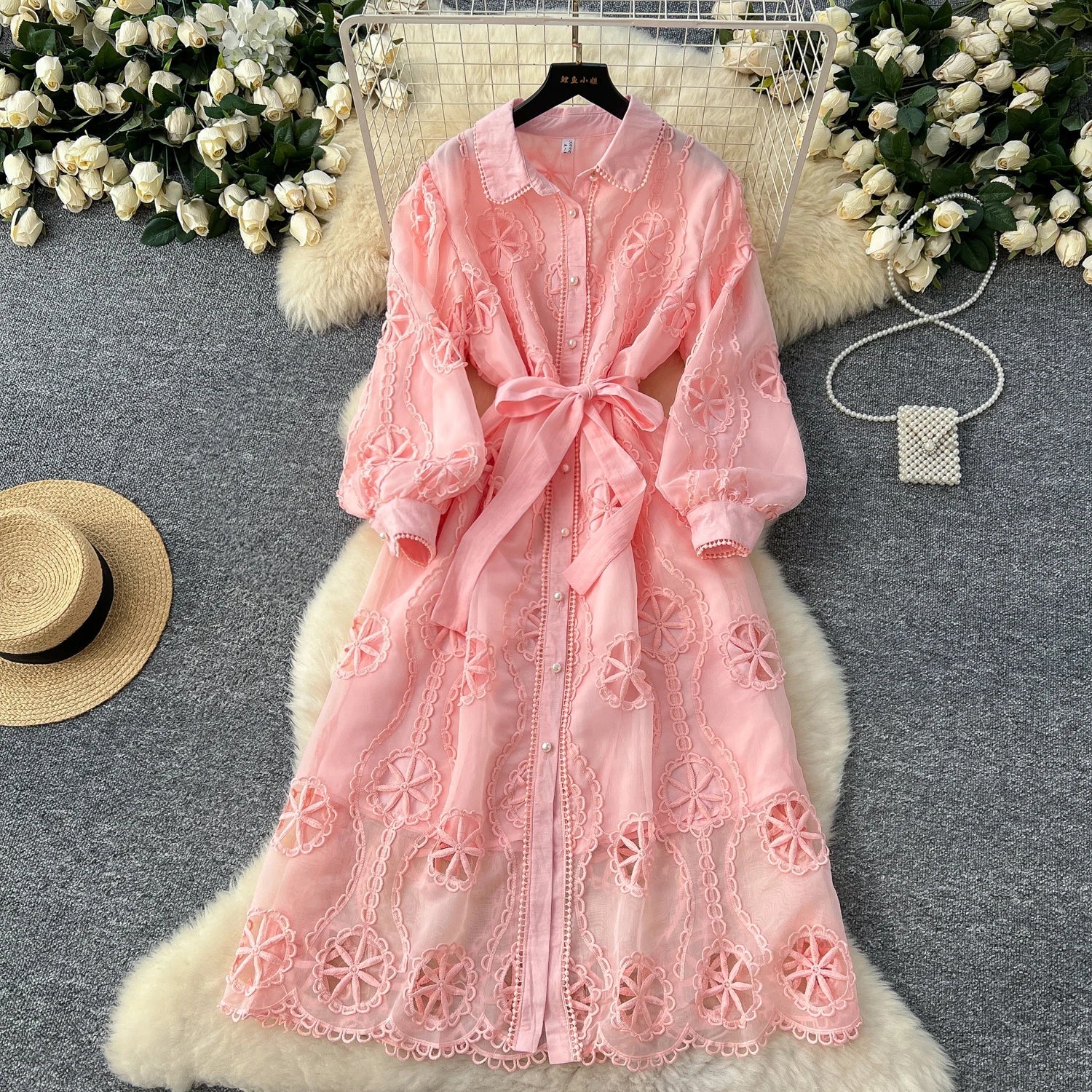 Elegant Embroidery Vintage Lantern Sleeves Lapel Single Breasted Chic Bandage Slim Long Dresses Women High Street Clothing
