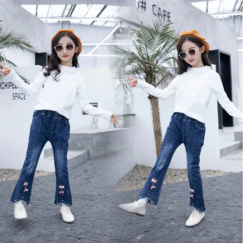 Girls Blue Jeans for Children's Fashion Clothing Princess Kids Denim Wide-leg Pants Baby Teens Girl Flared Bow Applique Trousers