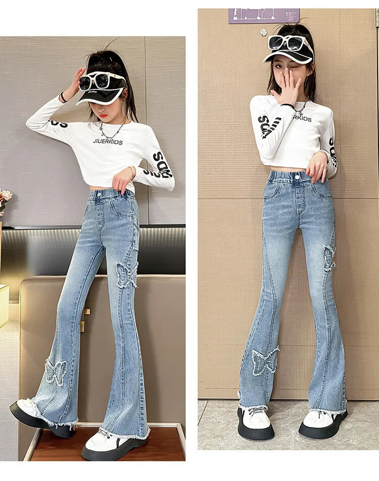 Fashion Jeans for Girls with Butterfly New Arrvial Kids Vintage Tight Denim Flare Pants 2024 Spring Autumn Teenage Slim Trousers