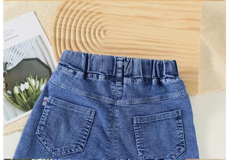 New children's denim pants girls' spring and autumn strawberry embroidery elastic versatile fashion pants 0-5 years old
