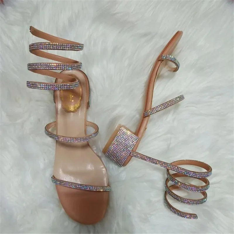 Summer Fashio 4CM Thick Heel Gladiator Sandals Women Flat Sandals Snake Punk Rhinestone Women Sandals Wedding Shoes