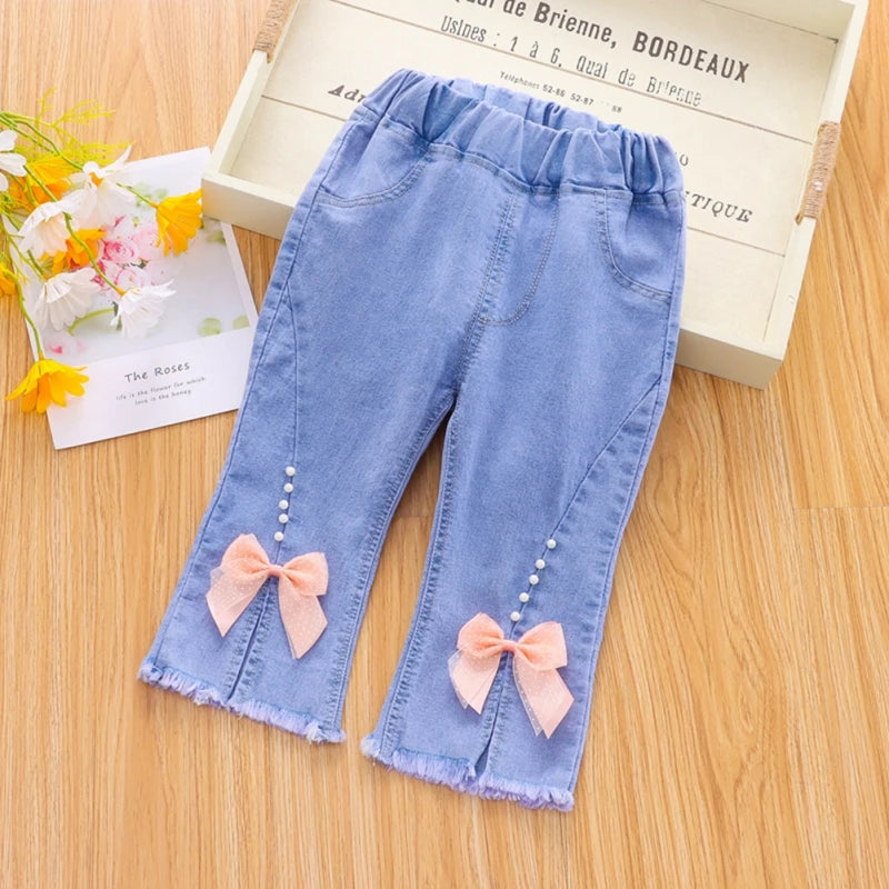 Kids Girls Children Jeans Autumn Spring Cute Bowknot Long Pants Fashion Casual Trousers Baby Girls Denim Pants