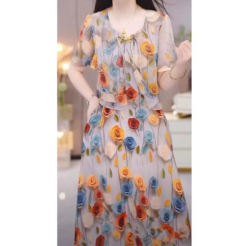 Women's Exquisite Printed Short Sleeved Dress 2024 Summer New Elegant And Beautiful Medium-length Shirt Skirt Mother's Outfit
