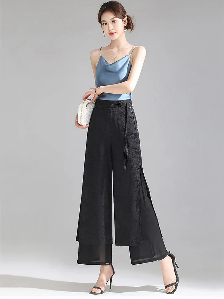 Chiffon Wide Wide Trousers Female Elegant Vintage New Pants Summer Thin Split Loose Skirt Pants Women Black Green
