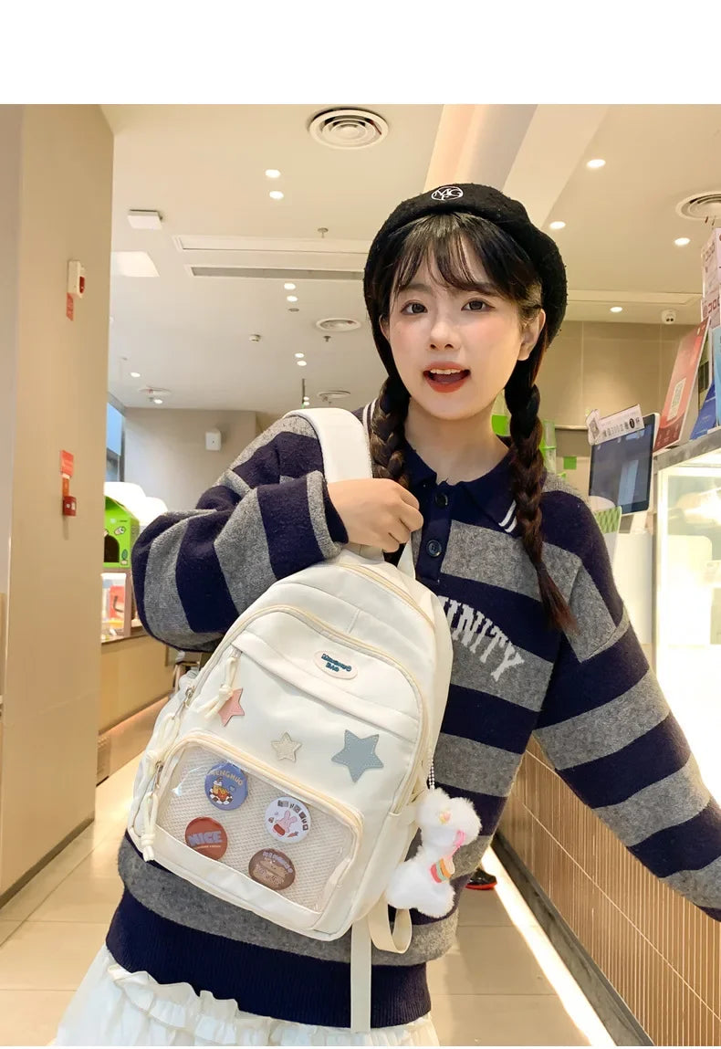 Casual Transparent Badge Large Capacity Commuter Backpack Suitable for Middle School Students Cute School Style Double Shoulder