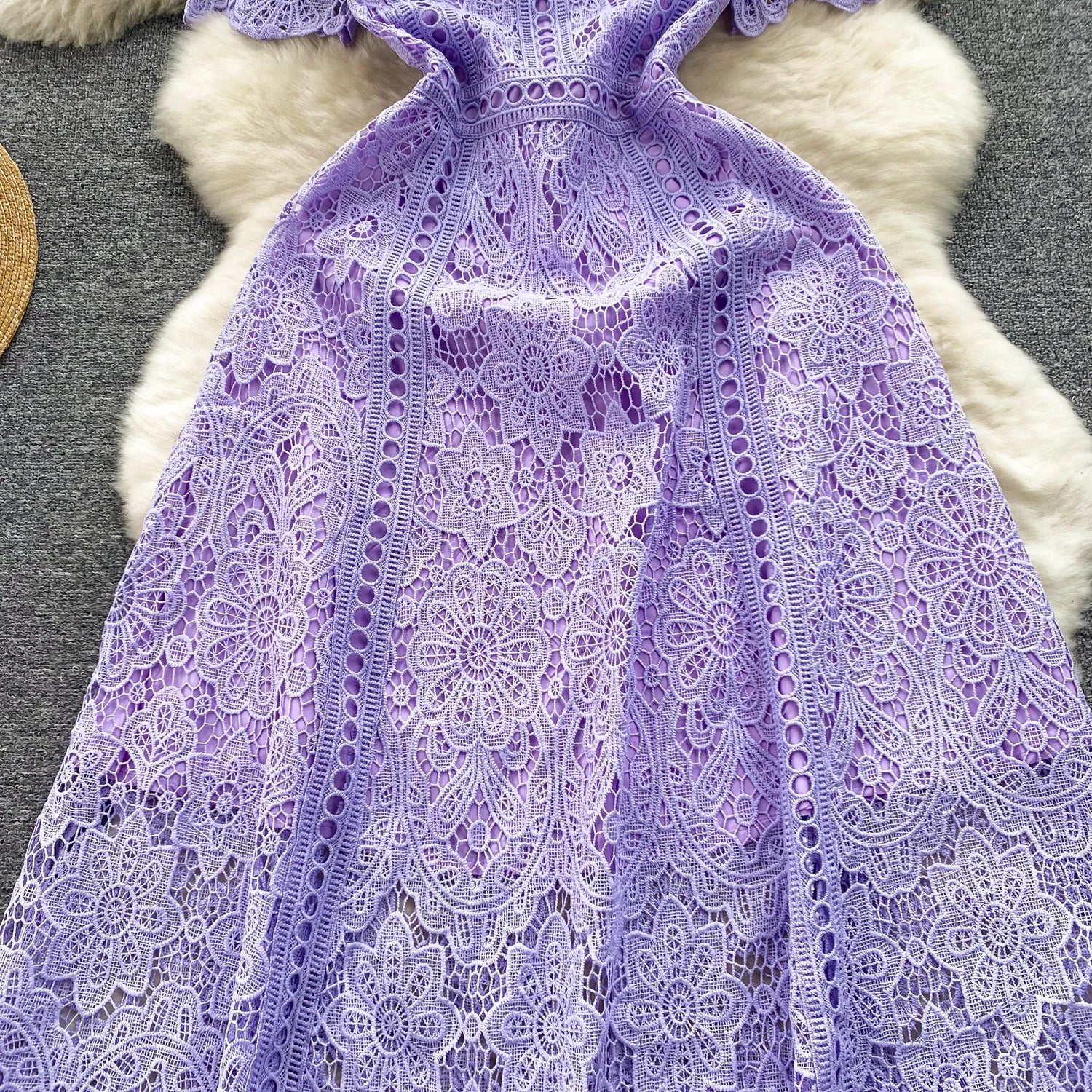 Embroidery Crochet Hollow Out Lace Dress For Women Summer Fashion Runway Short Sleeve Slim Waist Casual Party Midi Vestidos 6931