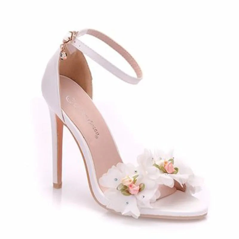 Large Size Sexy High Heel Sandals White Floral Stiletto Peep-toe Roman Sandals Women High Heel White