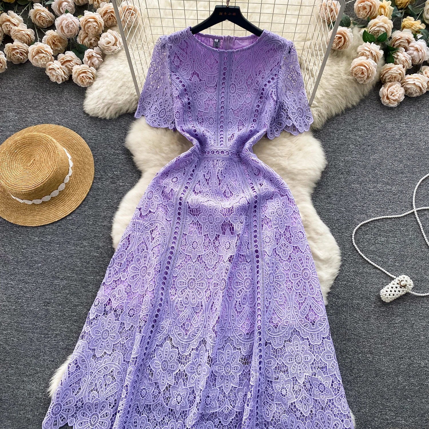 Embroidery Crochet Hollow Out Lace Dress For Women Summer Fashion Runway Short Sleeve Slim Waist Casual Party Midi Vestidos 6931
