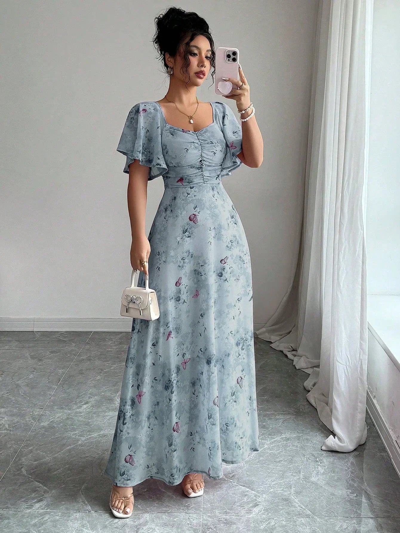 Fashionable Long Floral Print Dress Women's New Summer Slimming Age-Defying Dress Empire Waist Bubble Sleeve Knee-Length