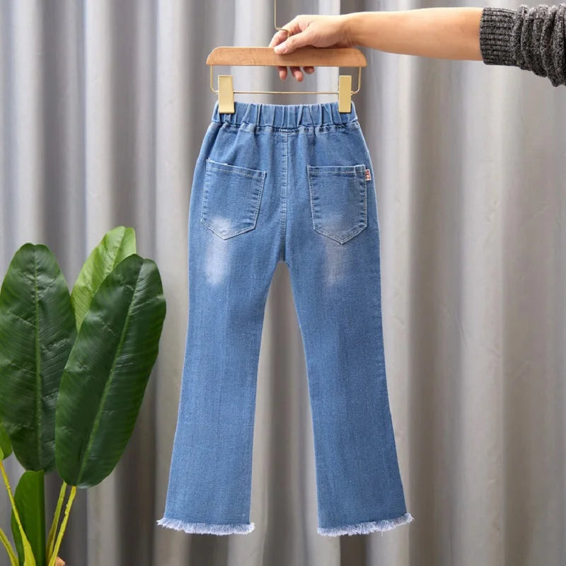 3-12 year old spring and autumn style stylish and breathable elastic girls' bell bottoms, solid color fashionable girls' jeans