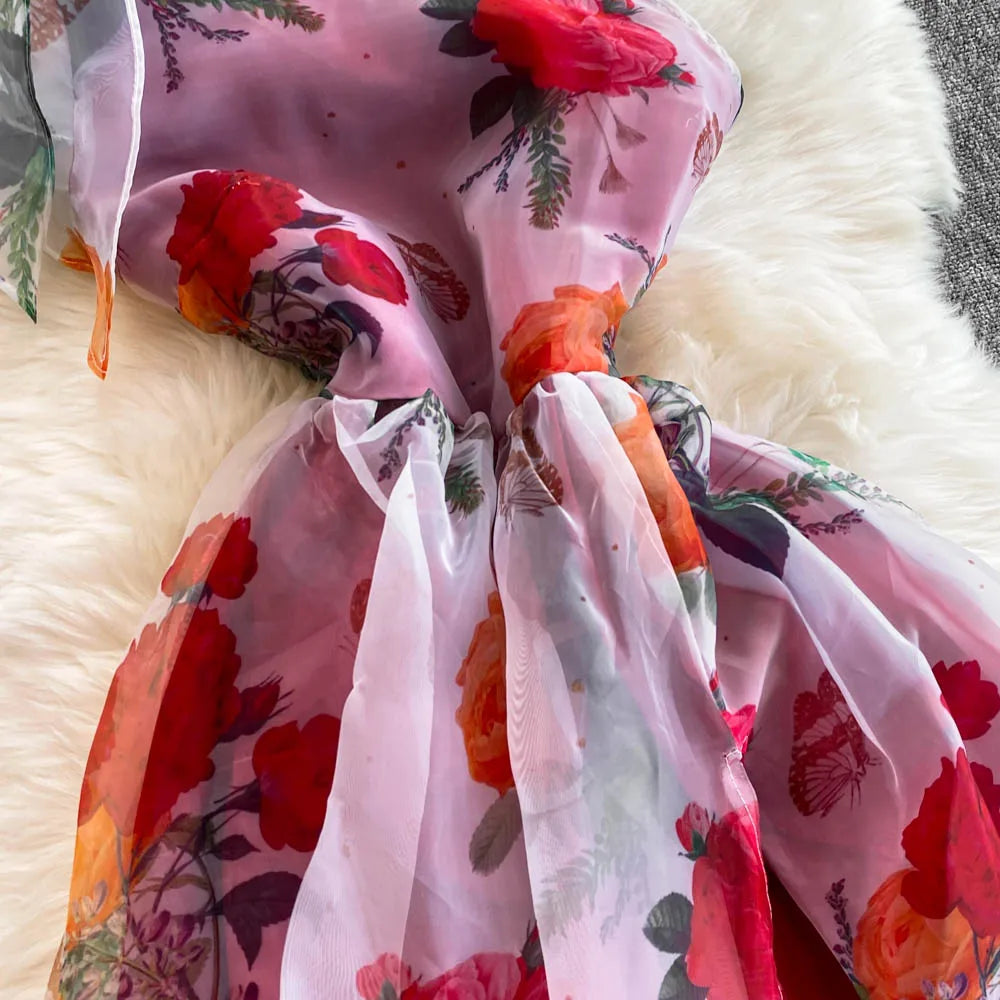 American Chic Maxi Dress for Women Floral Printed Skew Collar Sleeveless Female Dresses A-line Evening Club Vestidos Dropship