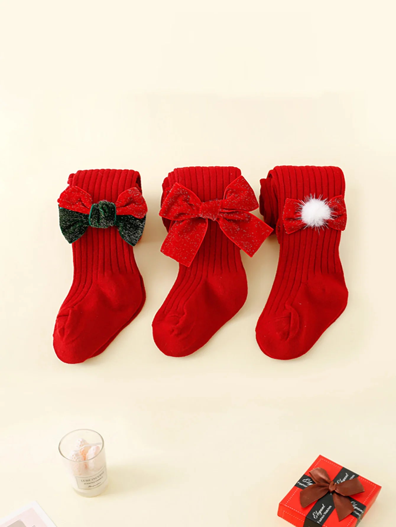 3 Pairs Girls Bow Decorations Red Pantyhose Fashionable and Sweet Children's Leggings Soft Non-Slip for Kids to Wear in Daily Life