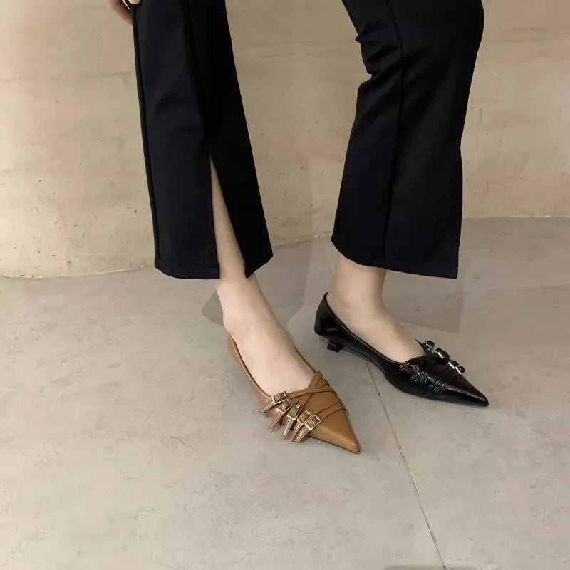 Thin Heeled Square Buckle High Heels for Women 2025 New French Style Shallow Mouth Low Heel Small Leather Shoes