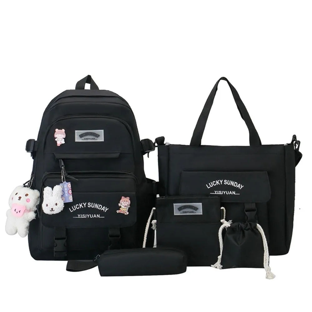 5 Pcs Cute Large Capacity Backpack Set Multifunctional Breathable Student Schoolbag Buckle Coin Purse School