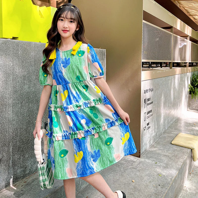 Summer Dress Girl Korean Style Sweet Floral Print Casual Kids Ruched Dresses Toddler Girls Clothes 4 5 6 7 8 9 10 12 14 Year Old