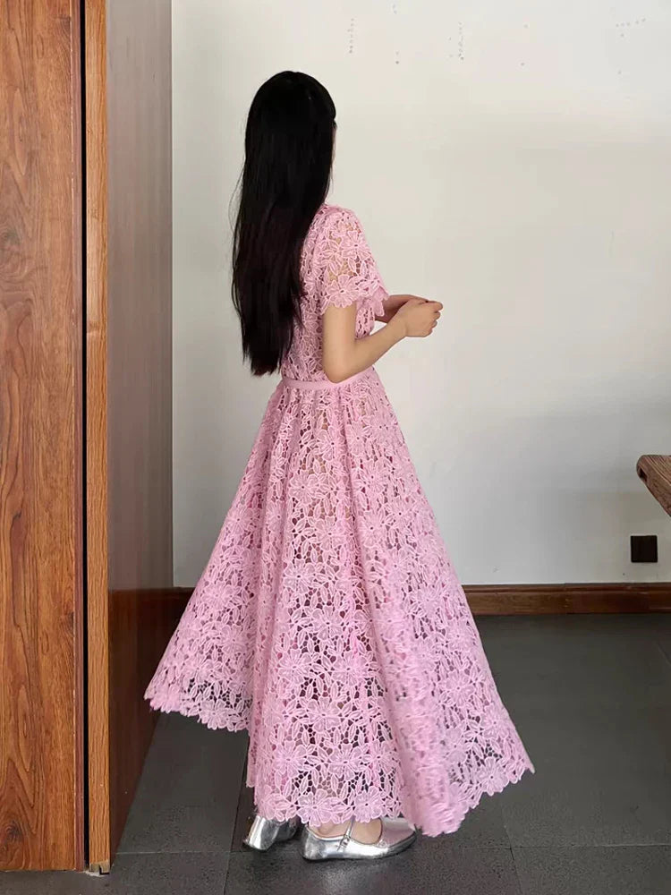Luxury Pink Lace Midi dress with belt Women's 2025 Summer Elegant V-neck Rhinestone buttons Dresses Party clothing INKEO 4D094