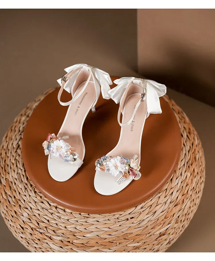 Summer Fashion Shoes Woman Pumps Open Toe Satin Flower Bow Buckle High Heels Ladies Sandals Women's Dress Wedding Party Shoes