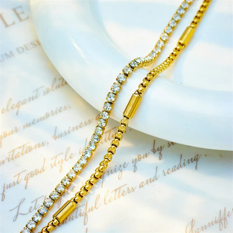 DIEYURO 316L Stainless Steel White Sparkling Zircon 2in1 Chains Bracelet For Women Fashion Girls Wrist Jewelry Gifts Pulsera