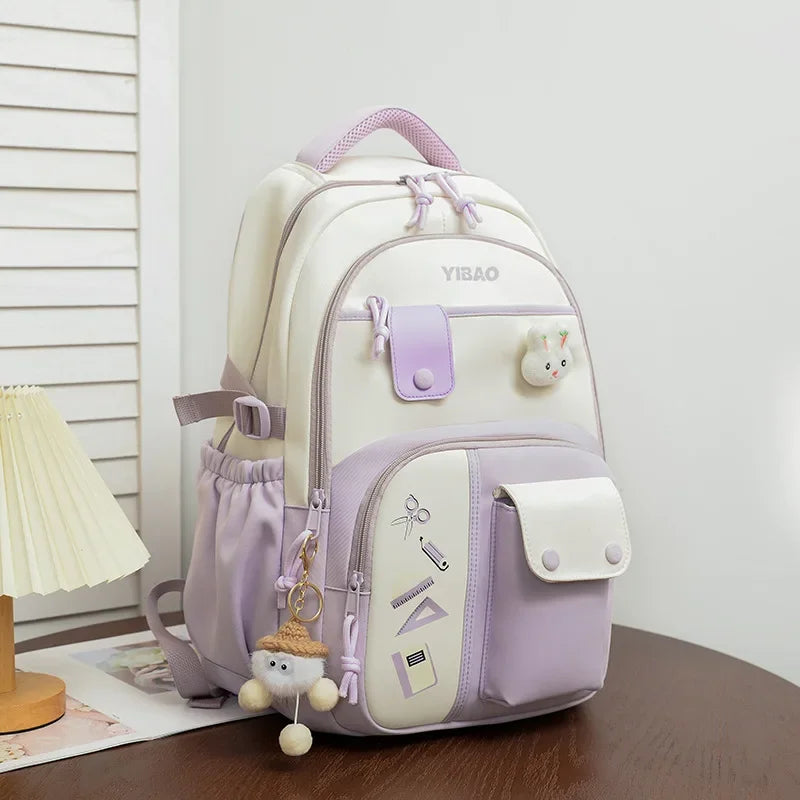 New cute rabbit children school backpack Fashionable splicing color contrast fresh lady knapsack kids schoolbags bring a doll