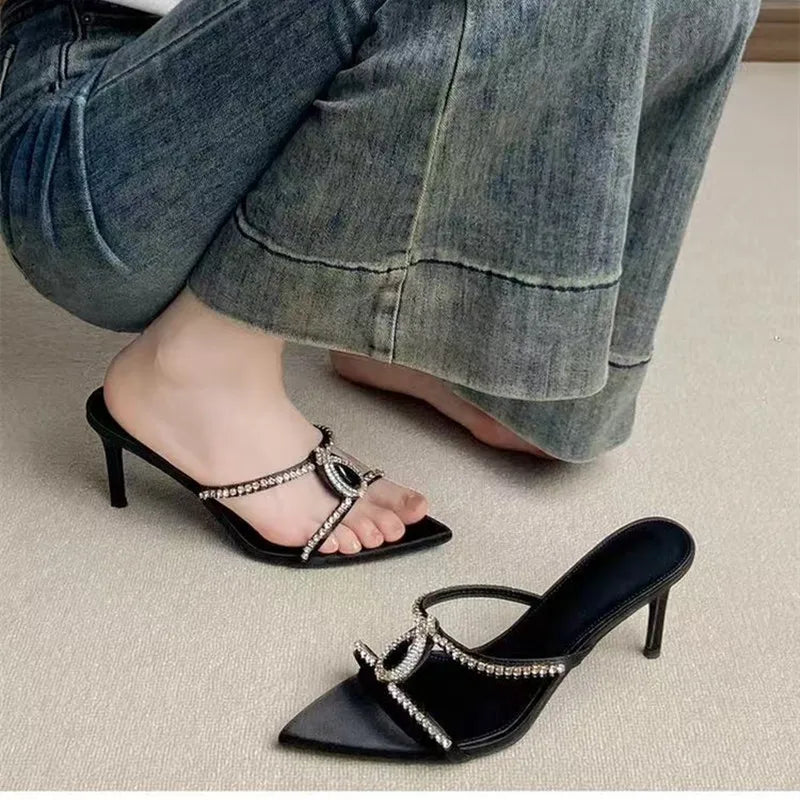 Luxury Rhinestones Gem Women Slippers Sandals Elegant Pointed toe Stiletto High heels Mules Slides Fashion Summer Party Shoes