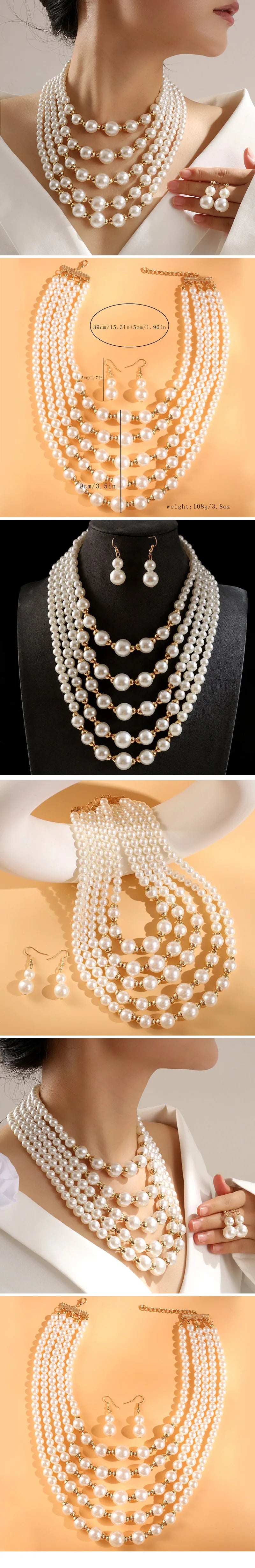 Kymyad Jewelry Sets Simulated Pearl Beads Multilayer Necklace Earrings Set For Women Bijoux Statement Collar Necklace Set