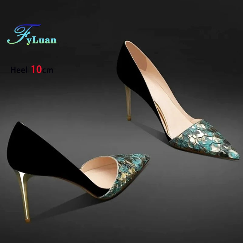 Black Green Leather Splicing High Heels 10cm Women Shoes Thin Heels Suede Pointed Head Ladies Pumps Shallow Stiletto Party Shoes
