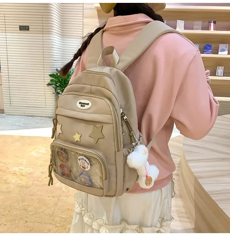 Casual Transparent Badge Large Capacity Commuter Backpack Suitable for Middle School Students Cute School Style Double Shoulder