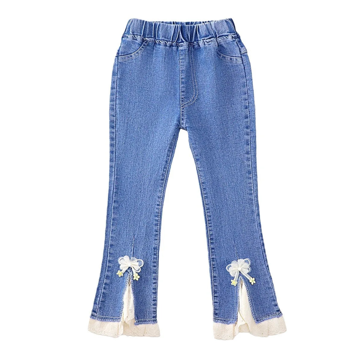 Girls' Jeans Spring and Autumn New Casual 3-12 Year Old Children's Loose Flare Pants Lace Pearl Girls' Denim Pants